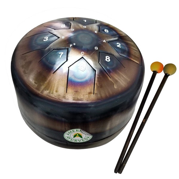 American Ayurveda Steel Tongue Tank Drum Hand Pan 12 inch 8 Notes (G A B C D E F# G) Percussion Handmade Tuned to Healing Frequency of 432Hz