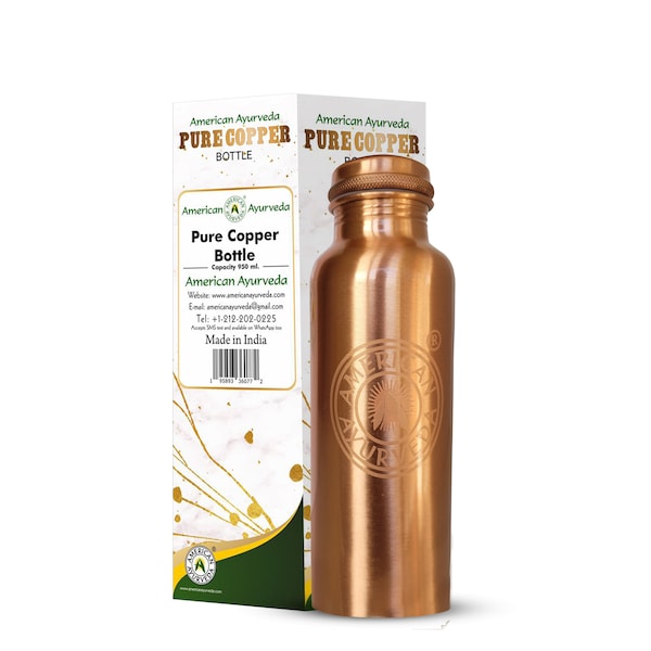 Hand Crafted 100% Pure Copper Water Bottle Joint Free Leak Proof Bottle with Temperature Sensitive Color Change Logo American Ayurveda