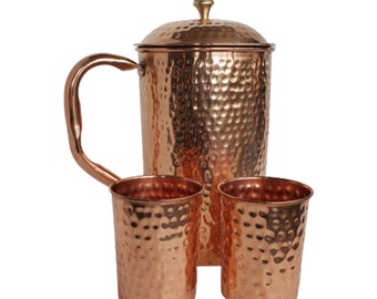 Premium Quality Large Hammered Copper Jug Pitcher Half Gallon Capacity (2.2 Liters 75 Fluid Oz) with or without Hammered Cups 250ml 8 Oz