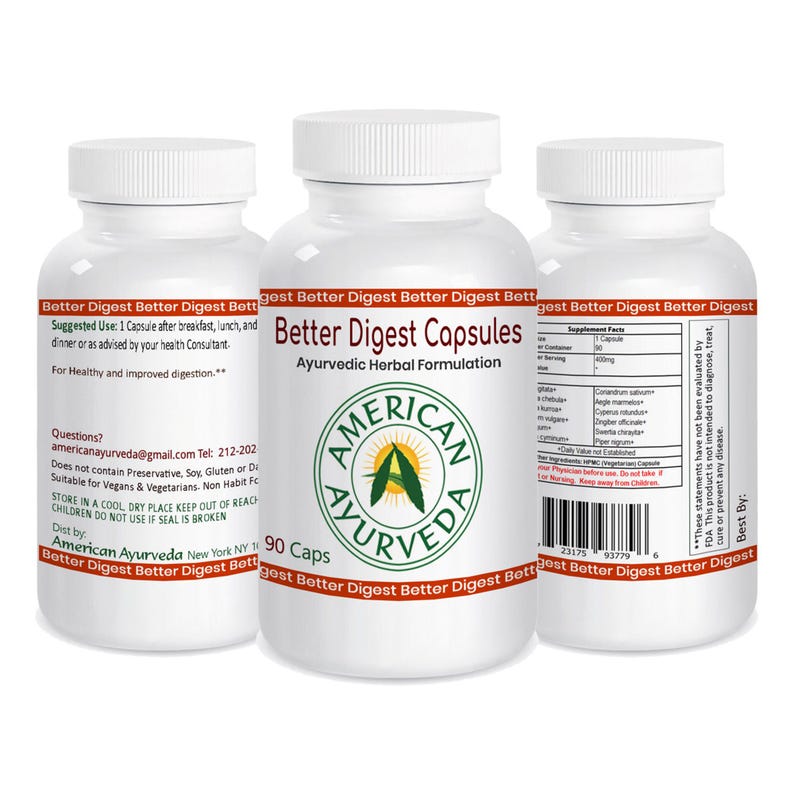 Vegetarian Herbal Better Digest Capsules for improving Digestion, Bloating, Belching and Stomach Gas by American Ayurveda