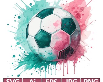 Watercolor Soccer Ball SVG, Teal Pink Paint Splash (Digital Download)