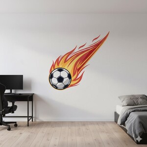 Flying fire soccer ball poster, energetic sports team banner design for wall art and end of season awards, boys bedroom decor.