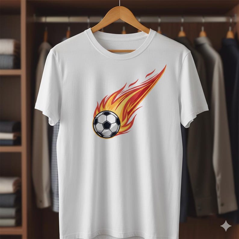 Flaming soccer ball t-shirt design, fire comet sports SVG for Team Heat jerseys and tournament apparel sublimation printing.