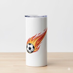 Meteor soccer ball tumbler wrap PNG, burning fire sports decal for water bottles and coach appreciation gifts, vibrant orange colors.