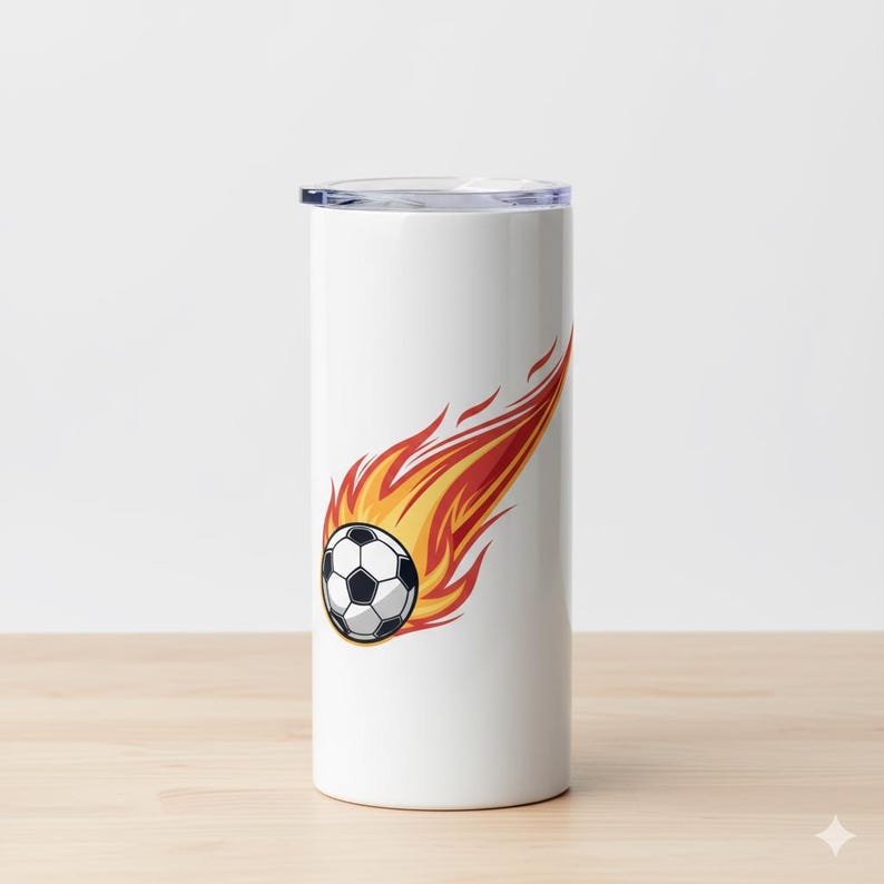 Meteor soccer ball tumbler wrap PNG, burning fire sports decal for water bottles and coach appreciation gifts, vibrant orange colors.