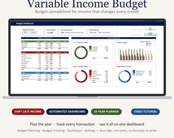 Budget Spreadsheet | Excel Budget Template for Variable Income, Monthly & Annual Budget Planner, Expense Tracker, Savings Tracker, Dashboard