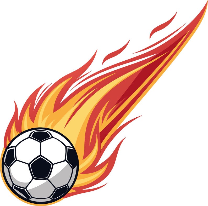 Flaming soccer ball design, fire comet sports SVG for Team Heat jerseys and tournament apparel sublimation printing.