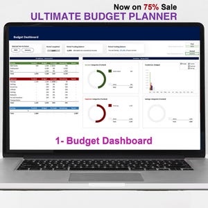 May include: A laptop displays a budget dashboard with charts and tables. The screen shows financial data, including income, expenses, and savings. Text at the top reads "ULTIMATE BUDGET PLANNER" and "Now on 75% Sale". A cactus and pens are visible.