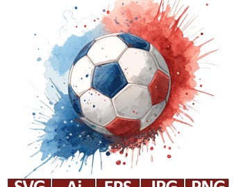 Balón de fútbol de acuarela rojo y azul, diseño de salpicaduras de pintura (SVG, PNG)