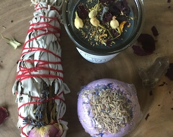 Small spell kit : 3 day spell candle , spell bomb , smudge stick , affirmation card