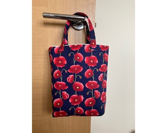 Petite Tote Bag red Poppies on Blue fabric Fully Lined with White cotton and internal pocket