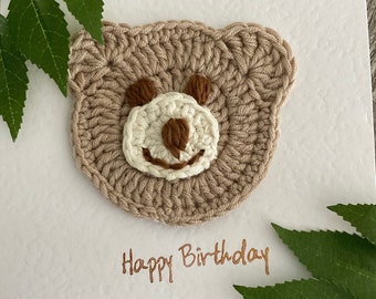 Crochet Greeting Card , Blank Card , Happy Birthday Teddy Bear