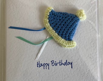 Crochet Greeting Card , Blank Card , Happy Birthday , Party Hat