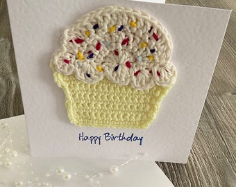 Crochet Greeting Card , Blank Card , Happy Birthday , Cup Cake