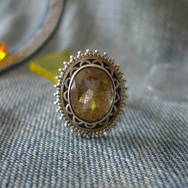 Sterling Silver Ring Golden Rutilated Quartz UK Size P SilverandSoulDesigns 925 Silver US 7.75