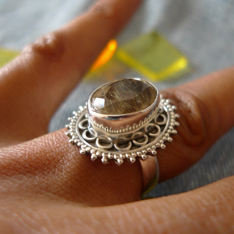 Sterling Silver Ring Golden Rutilated Quartz UK Size P SilverandSoulDesigns 925 Silver US 7.75