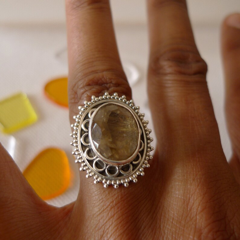 Sterling Silver Ring Golden Rutilated Quartz UK Size P SilverandSoulDesigns 925 Silver US 7.75