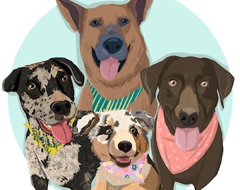 Retrato digital personalizado de 4 personajes con estilo de dibujos animados lindos
