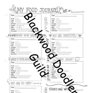 Könnte beinhalten: Schwarzweißes druckbares Ernährungstagebuch mit dem Titel "My Food Journal" und dem Text "Drink Your Water" und "You Are Beautiful!" und "What's Your Goal This Week?" und "Doing Great!" und "You Can Do This!" und "Starting Weight" und "End of Week Weight" und "Pounds: +/-" und "All Things In Moderation Is The Key."