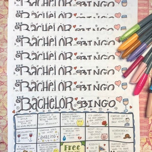 Juego de bingo The Bachelor, juego de 10 cartas diferentes, a todo color, de una sola cara, CARTAS GRANDES DE 8,5" X 11", REUTILIZABLES