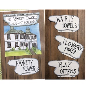 Fawlty Towers magnet gift bundle 4 (four) magnets, Basil Fawlty, Sybil Fawlty gift ideas Fawlty Towers Birthday gift magnets set