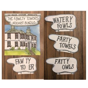 Fawlty Towers magnet gift bundle of 4 (four) magnets, Basil Fawlty, Sybil Fawlty gift ideas Fawlty Towers Birthday gift magnets set