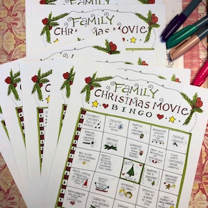 Kerstfilmbingospel, set van 10 verschillende speelkaarten, full colour, één kant, GROTE KAARTEN 8,5 x 11, HERBRUIKBAAR