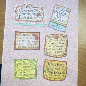 May include: A collection of Jane Austen-themed magnets with quotes from her novels. The magnets feature floral designs and text like "The Jane Austen Magnet Bundle" and quotes from "Emma", "Persuasion", and "Mansfield Park".