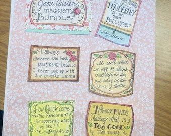 May include: A collection of Jane Austen-themed magnets with quotes from her novels. The magnets feature floral designs and text like "The Jane Austen Magnet Bundle" and quotes from "Emma", "Persuasion", and "Mansfield Park".