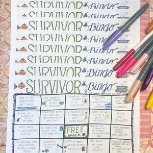 Juego de bingo Survivor, juego de 10 cartas diferentes, a todo color, una cara, CARTAS GRANDES DE 8,5" X 11", REUTILIZABLES