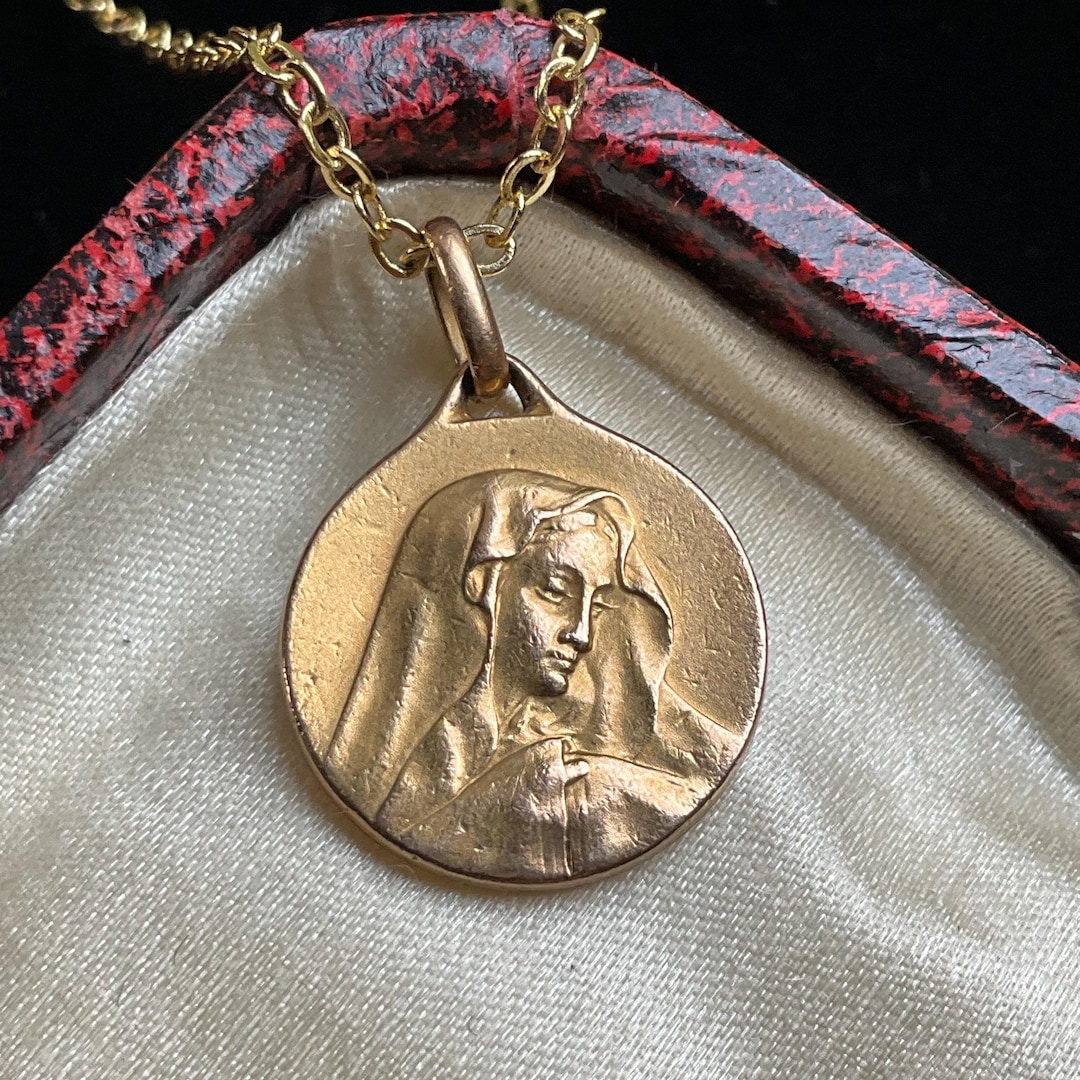 Our Lady of Sorrows Virgin Mary Medal Gold Filled Round Pendant Signed ...