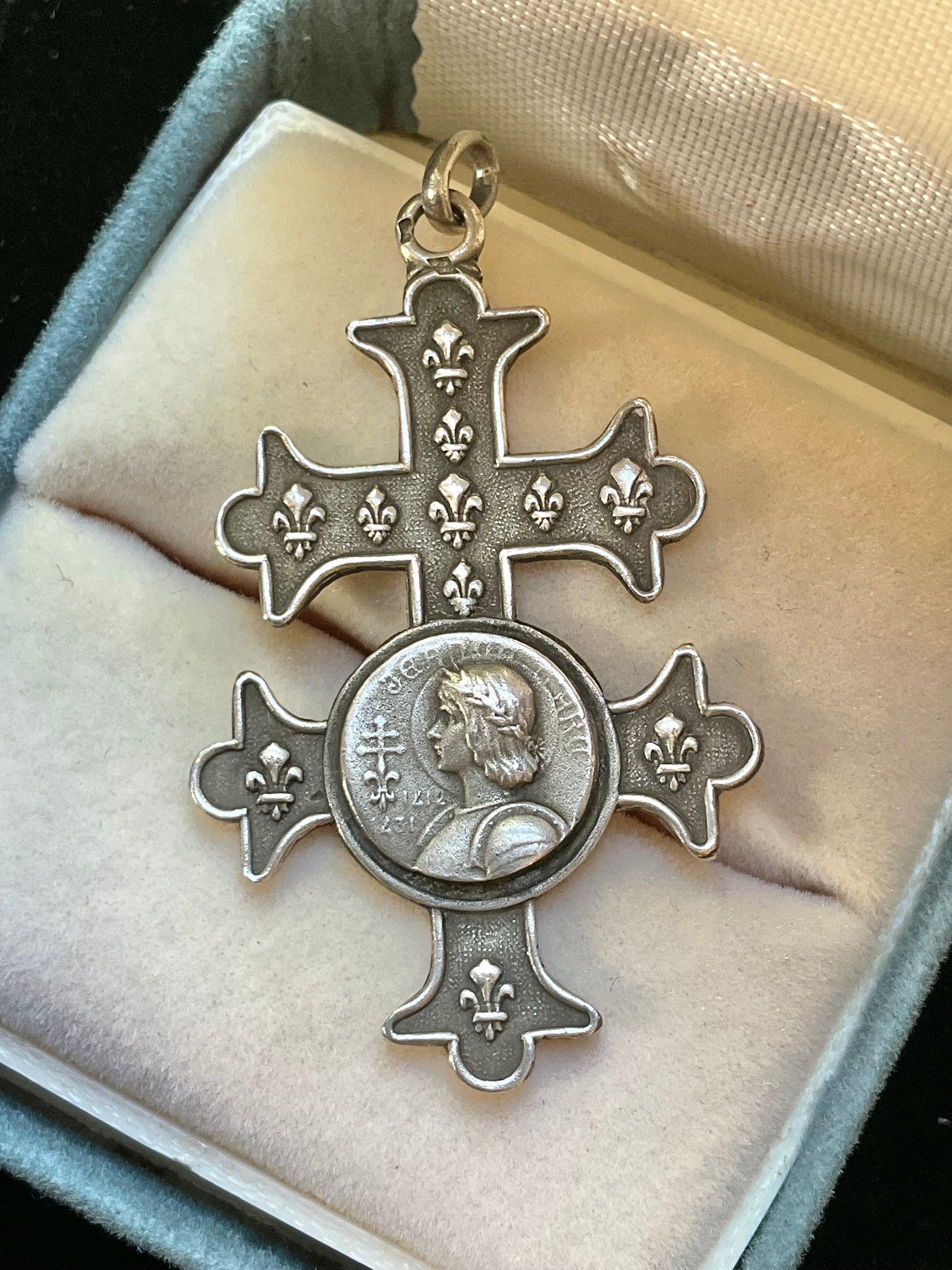 Joan of Arc Medal Cross of Lorraine Pendant, Silver Antique French