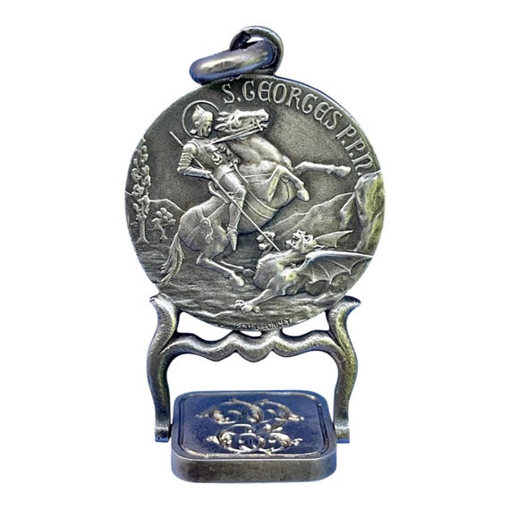 Rare Silver Antique St George Medal Seal Pendant signed Penin-Poncet