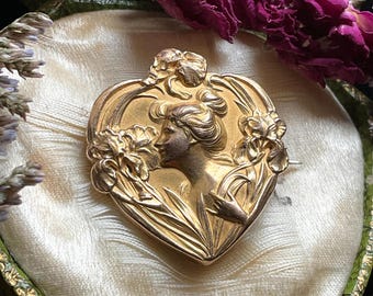 Broche Art Nouveau Signée FIX, Artiste E. Dropsy - Métal Doré, Sans Pierre - Occasion