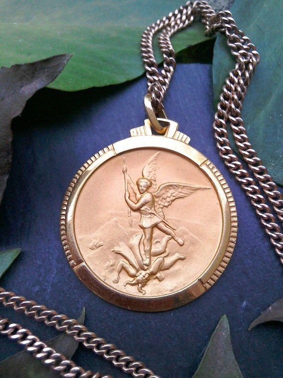 Antique French St Michael Archangel medal necklace