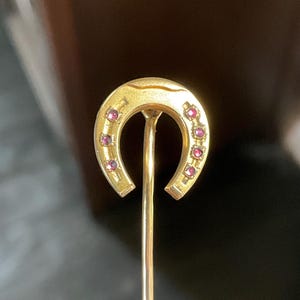 Op de afbeelding: Een goudkleurige hoefijzer-stokspeld met zeven kleine, ronde, rode edelstenen. Het hoefijzer is licht gebogen en heeft een dunne, rechte speld die naar beneden uitsteekt. De speld is waarschijnlijk gemaakt van goud of een goudkleurig metaal.