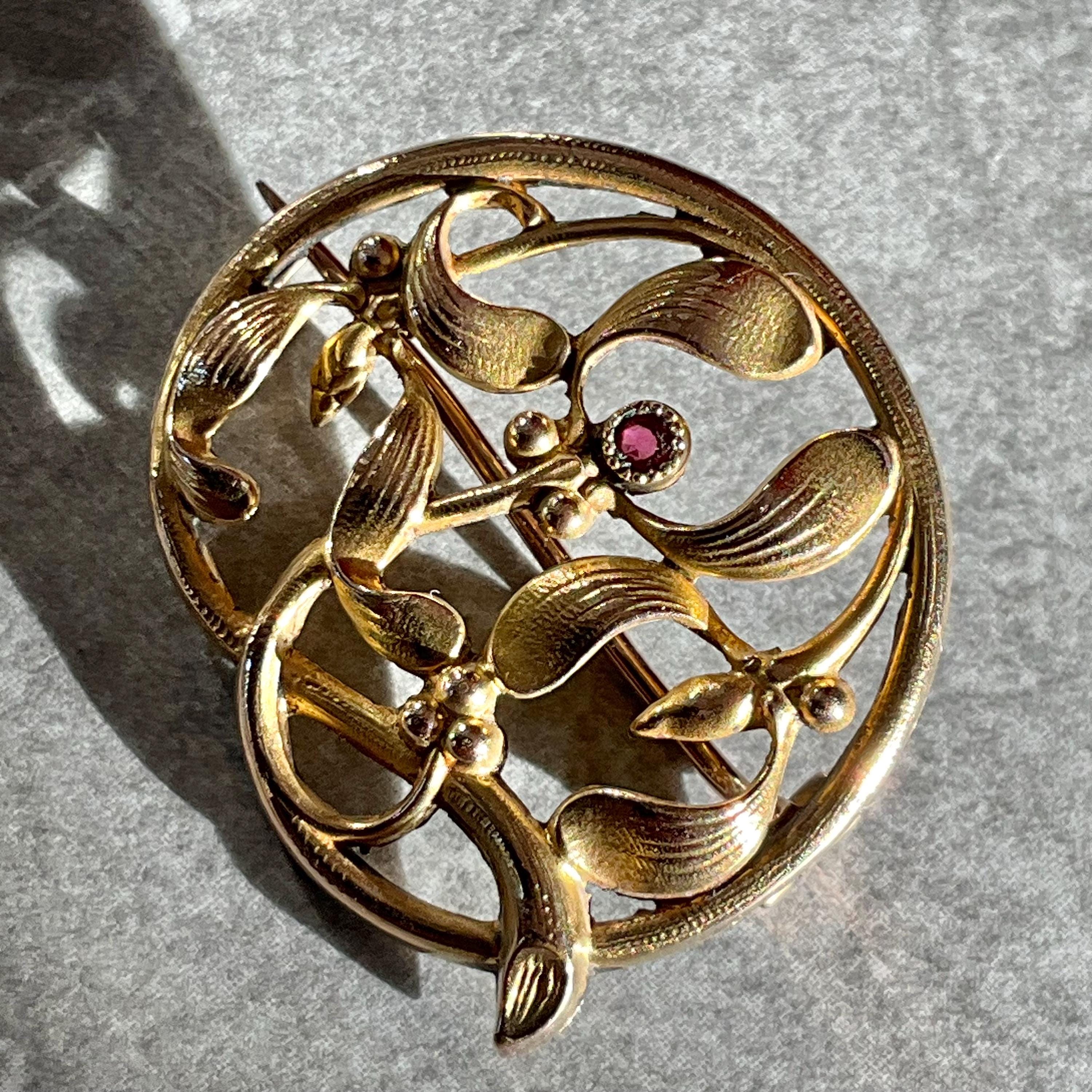 Broche Ancienne Art Nouveau Signée EZ - Plaquée Or - Motif Fleur - Très Bon État (TBE) - Vintage Français