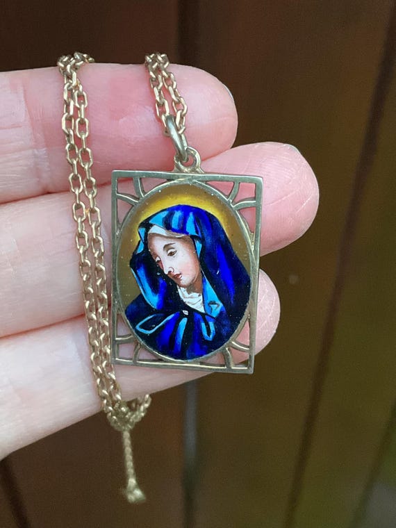 Pendentif Médaille Religieuse Ancien En Argent Massif 925 - Vierge Avec émaux Bleus - Occasion