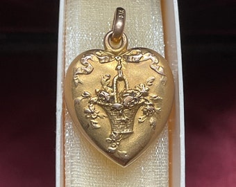 Beautiful Art Nouveau Flower Basket Heart Pendant signed FIX