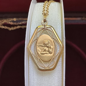 Antique Raphael’s Cherub Pendant, Gold-filled signed Oria