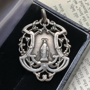 Beautiful Big Antique French Silver Virgin Mary Medal Pendant