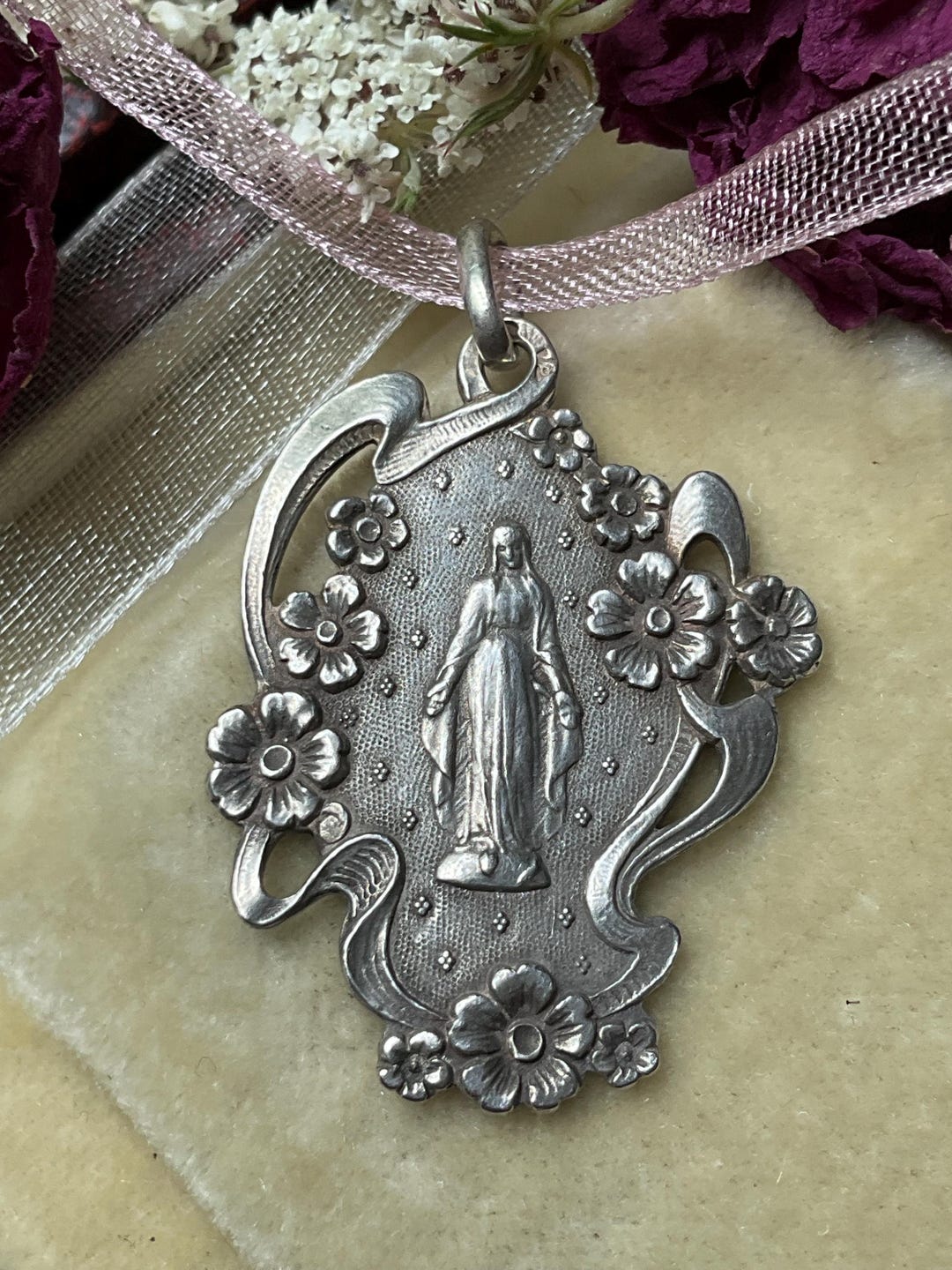 Art Nouveau French Virgin Mary Silver Pendant, Antique Religious Medal ...