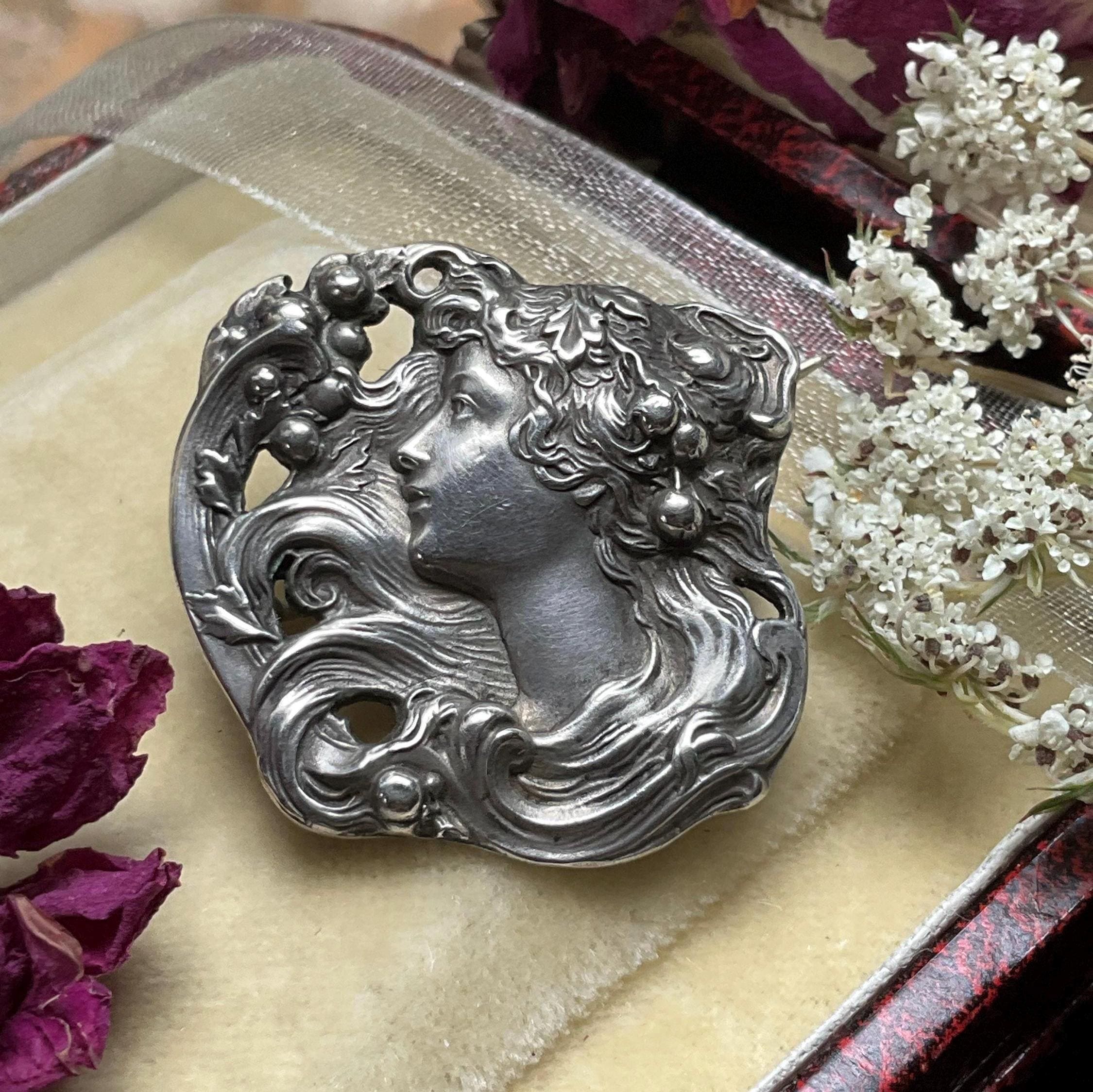 Art Nouveau Silver Cherry Maiden Brooch - Etsy