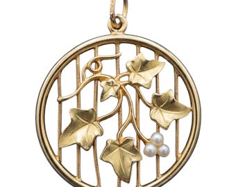 French Art Nouveau FIX Gold-Filled Ivy Seed Pearl Pendant