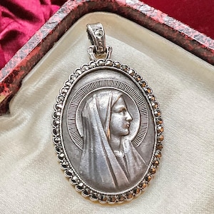 Beautiful Big French Antique Silver & Marcasite Virgin Mary Medal Pendant, Our Lady of Lourdes