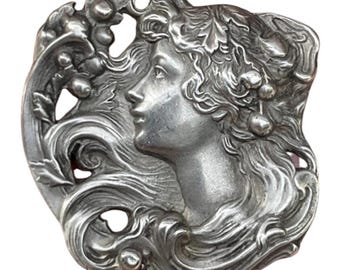 Antike Jugendstil-Brosche aus Silber mit Kirschmotiv, Frankreich, 1900