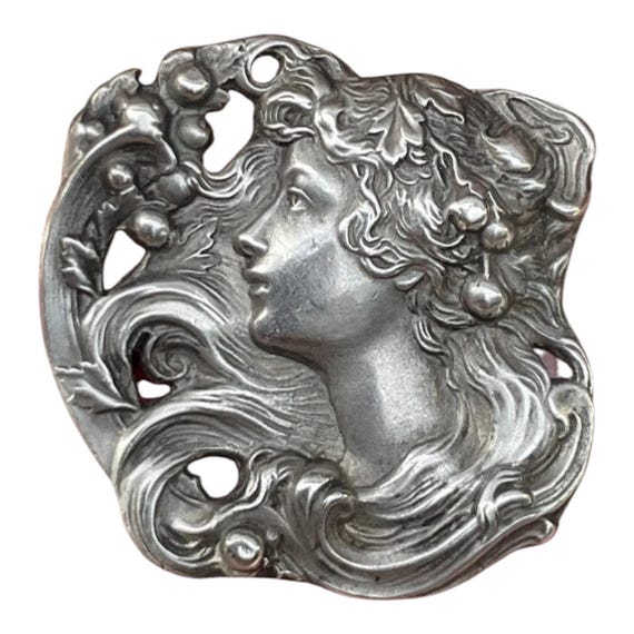 Antique Art Nouveau Silver Cherry Maiden Brooch, French 1900