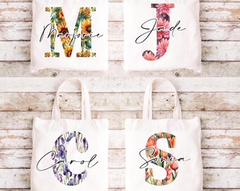 Floral Letter, Monogram Name Tote, Custom Printed Gift For Her, Floral Name Bag, Girlfriend, Teacher, Wife, Granny, Bridal Favors