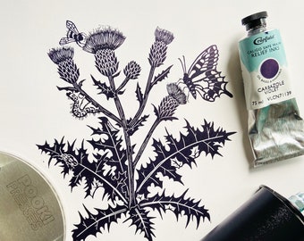 Original Handprinted Linocut | Lino Print | Fine Art | Creeping Thistle