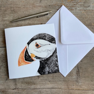 Carte de vœux macareux | Carte d’art | Collagraph | Anniversaire | Cadeau |